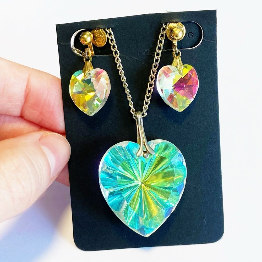 Vintage Iridescent AB Glass Heart Pendant Necklace and Earrings Set